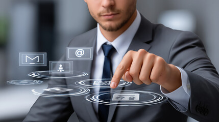 Businessman in suit interacts with digital icons, showcasing technology and communication. image conveys innovation and modernity