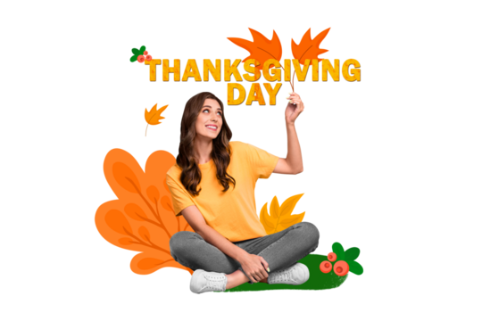 Composite photo collage of happy girl sit autumn leaves foliage thanksgiving day postcard celebration isolated on painted background - Powered by Adobe