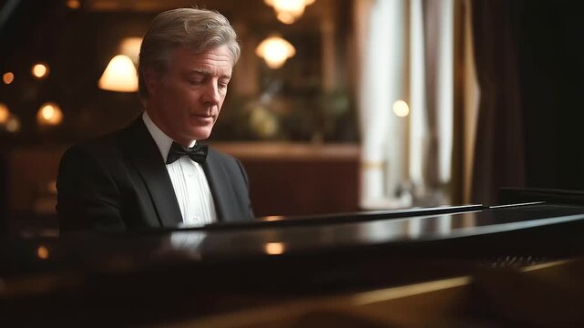 male pianist improvising blues in small jazz club dim lighting soft murmur audience authentic culture three quarter wide angle cinematic color correction gentle backlight clean