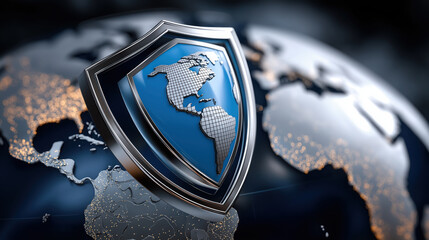 Digital security shield overlaying globe, symbolizing global protection and cybersecurity. modern representation of safety