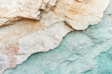Abstract natural texture: rugged beige and white rock formations meet a tranquil teal blue surface. A peaceful, organic boundary creates striking contrast.