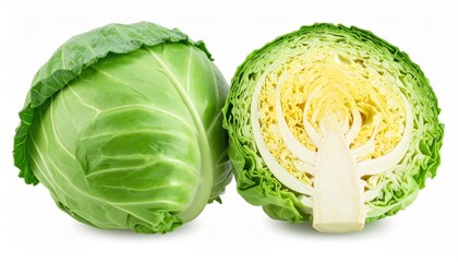 Fototapeta premium Whole and halved green cabbage on a white background, showcasing fresh, organic produce ideal for healthy eating and cooking.