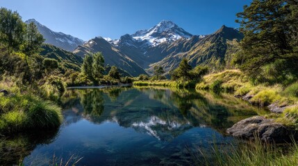 Mountain lake reflecting peaks. Sunny, serene alpine scene