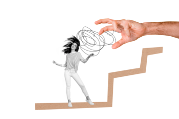 Creative picture collage young cheerful woman girl dance positive emotion hand control manipulate domination authority drawing doodles