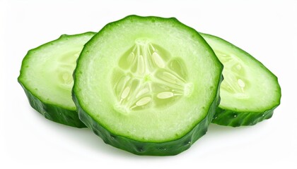 Close-up of fresh cucumber slices showcasing vibrant green color and visible seeds on a white background.