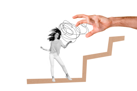 Creative picture collage young cheerful woman girl dance positive emotion hand control manipulate domination authority drawing doodles - Powered by Adobe