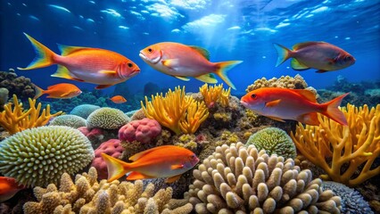 Vibrant Reef Scene Showcasing Diverse Coral Formations and Colorful Fish Swimming in a Sunlit Ocean