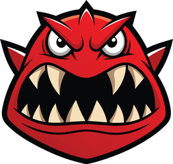 A red devil head featuring sharp fangs and menacing teeth, showcasing a fierce expression.