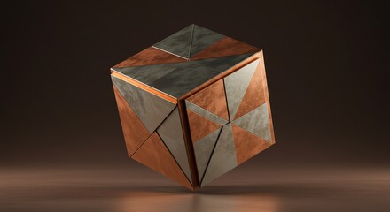 Geometric polyhedron with copper and gray panels