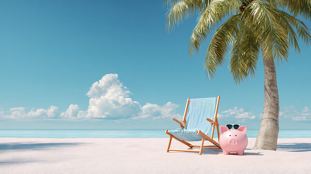 A serene tropical beach scene featuring a beach chair, a palm tree, and a piggy bank wearing sunglasses, evoking a sense of relaxation and vacation savings