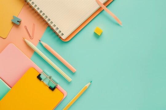 Flat lay of pencils, eraser, sharpener and open notebook on pastel background, minimal education mockup. - Powered by Adobe