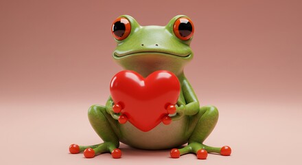 Green frog holding red heart