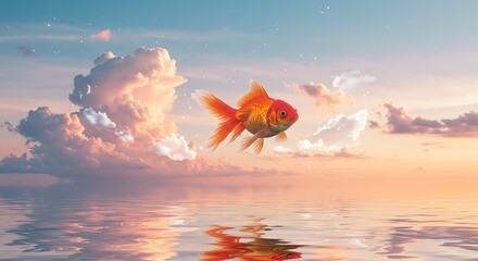 Goldfish floating above water sunset sky
