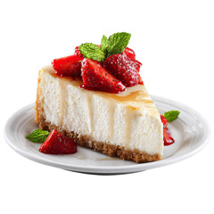 Slice of cheesecake on plate. Isolated white background. Png format