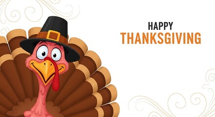 A cartoon turkey wearing a pilgrim hat smiles happily celebrating thanksgiving with festive text on a white background with subtle decorative elements