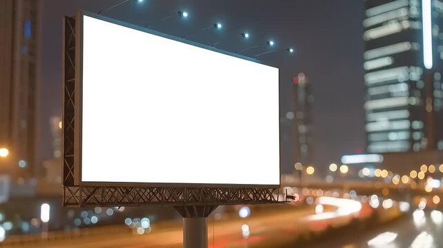 Blank billboard mockup in a modern city at night with blurred traffic light trails