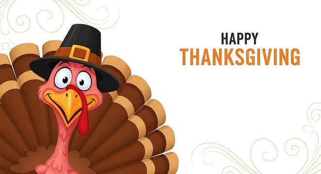 A cartoon turkey wearing a pilgrim hat smiles happily celebrating thanksgiving with festive text on a white background with subtle decorative elements