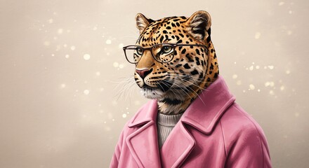 Leopard head wearing glasses and pink coat
