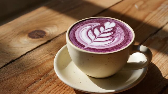 Hot ube latte in a ceramic cup with leaf-shaped milk foam art. The drink sits on a saucer over a wooden surface in sunlight. Cozy and artistic coffee moment.