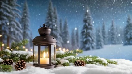 Metal lantern with a glowing candle stands on snow, surrounded by fir branches and pine cones. Snow is falling in a forest background. Cozy winter atmosphere. - Powered by Adobe