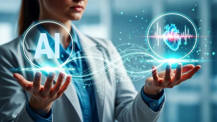 A female doctor holds glowing heart and brain holograms, showing ai connection and symbolizing artificial intelligence in healthcare, medical ai - Powered by Adobe