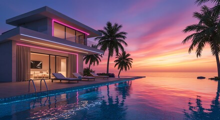 Luxury villa overlooking ocean at sunset