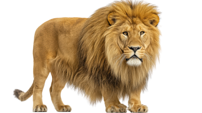 Majestic Male Lion Portrait with Full Golden Mane Standing isolated on PNG transparent background