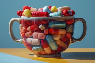 Full mug holding various colorful prescription medicine pills