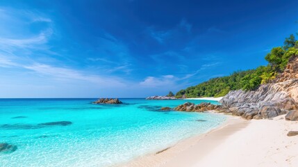 Naklejka premium Serene tropical beach with turquoise waters, soft sands, lush greenery, and clear blue skies in the background