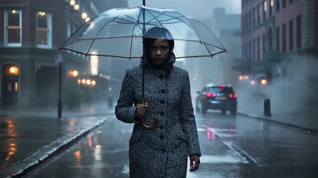 Mujer con abrigo largo de lana gris, caminando con paraguas transparente, expresión intensa, bajo lluvia fuerte en Nueva York