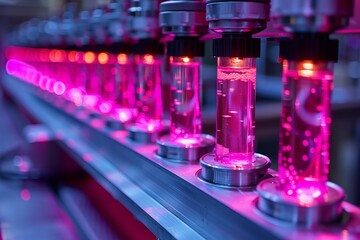 Scientific experiment with glowing pink liquid in test tubes