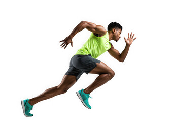 Determined athlete sprints with power isolated on transparent background in studio shot