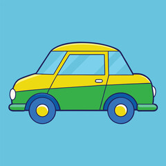 Cartoon car illustration on a blue background, featuring a playful design and vibrant colors.