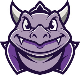 A purple and black dragon mascot head with fierce eyes and detailed scales, representing a sports team or event.
