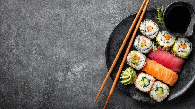 Assorted sushi rolls on dark plate, chopsticks and soy sauce