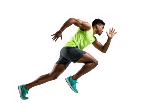 Determined athlete sprints with power isolated on transparent background in studio shot