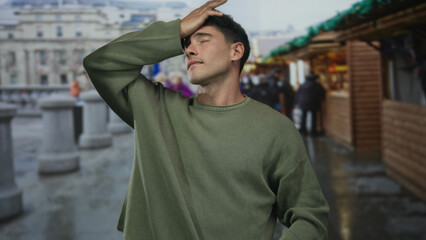 Hispanic man wearing green sweater with hand on forehead in busy city street market near wooden...