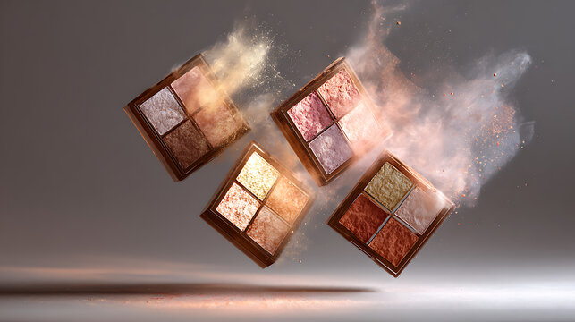 Floating eyeshadow palettes with shimmering pigments and a burst of color, creating a captivating beauty concept for makeup enthusiasts and cosmetic brands