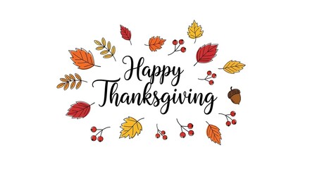 Happy thanksgiving handwritten calligraphy text surrounded by a festive wreath of colorful autumn leaves and berries celebrating the fall harvest season and holiday