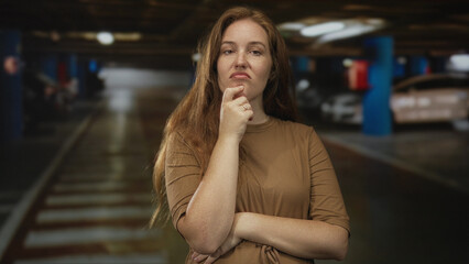 Woman in brown shirt with arms crossed and hand on chin in indoor parking garage building; uncertainty.