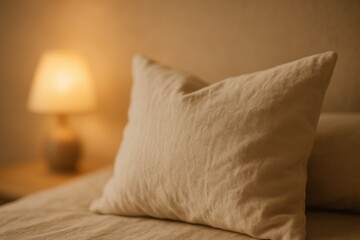 Soft linen pillow in a cozy bedroom with a cozy hygge warm light blur from a lamp.
