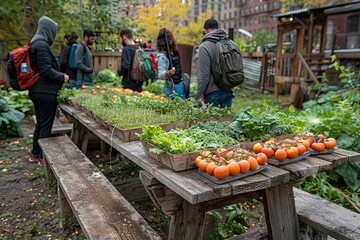 Community garden volunteers gathering fresh urban vegetables