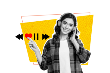 Composite photo collage of happy girl wear headphones listen music melody player interface pause like heart isolated on painted background