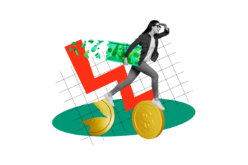 Creative collage picture young woman recession arrow business golden coin dollars banknote cash collapse drawing background