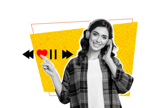 Composite photo collage of happy girl wear headphones listen music melody player interface pause like heart isolated on painted background - Powered by Adobe