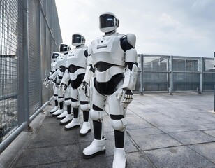 Humanoid robots standing in line next to fence