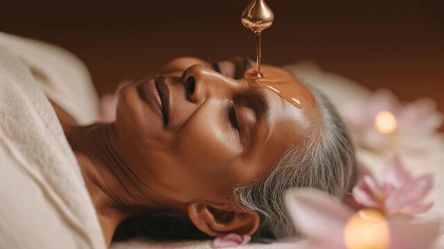 Ayurvedic shirodhara therapy with warm oil slowly dripping on woman's forehead. Traditional Indian wellness treatment at spa. Relaxation, meditation, stress relief and holistic healing concept.