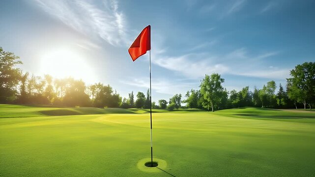 Stunning golf course hole with red flag waving in golden sunlit morning light, perfect for sports and leisure promotion.
