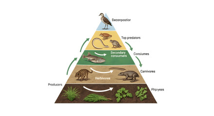 Ecological pyramid illustrating energy flow through trophic levels in an ecosystem.