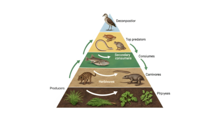 Ecological pyramid illustrating energy flow through trophic levels in an ecosystem.